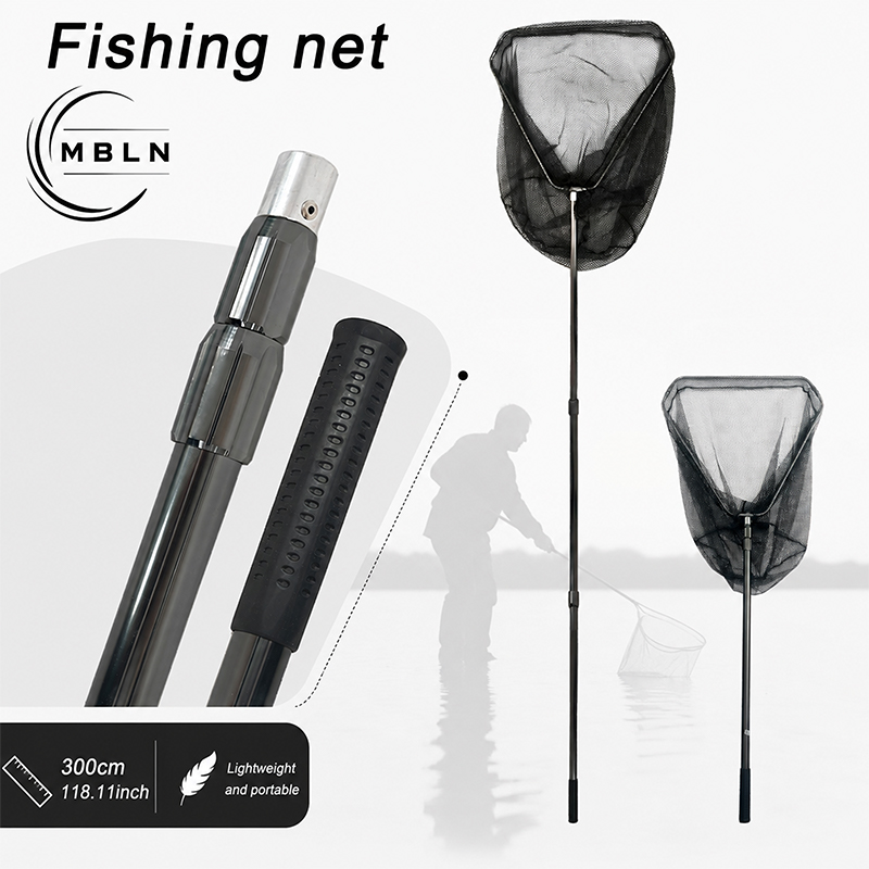 Landing Net Telescopic - ตาข่ายดักปลาแบบยืดหดได้ 300 ซม. พร้อมตาข่ายยาง, คันอลูมิเนียมน้ำหนักเบา, ตาข่ายลึกที่เป็นมิตรต่อปลา